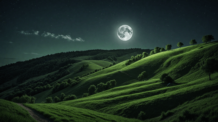 A green hillside at night, with moon